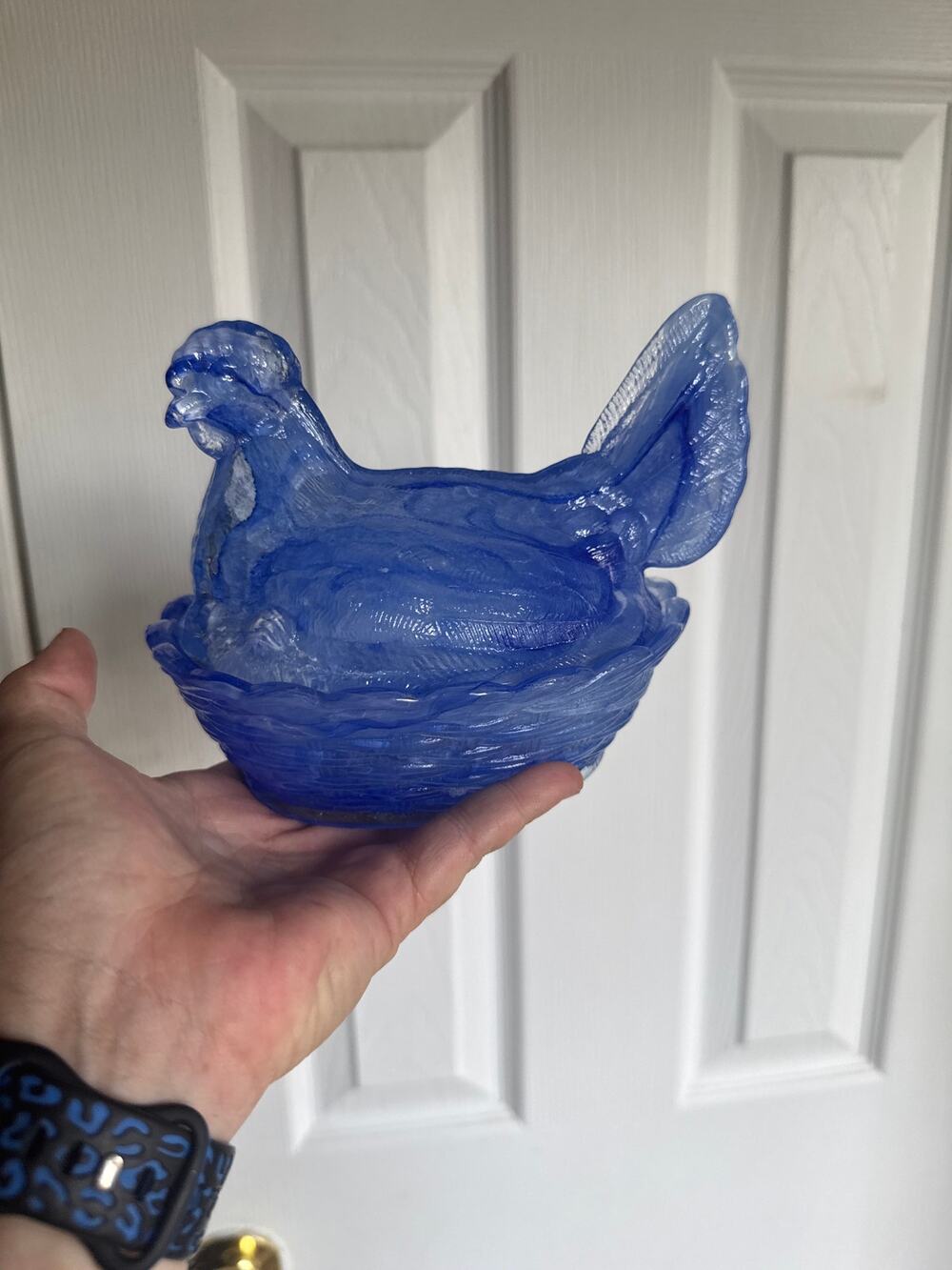 Cobalt swirl med size glass hen on nest